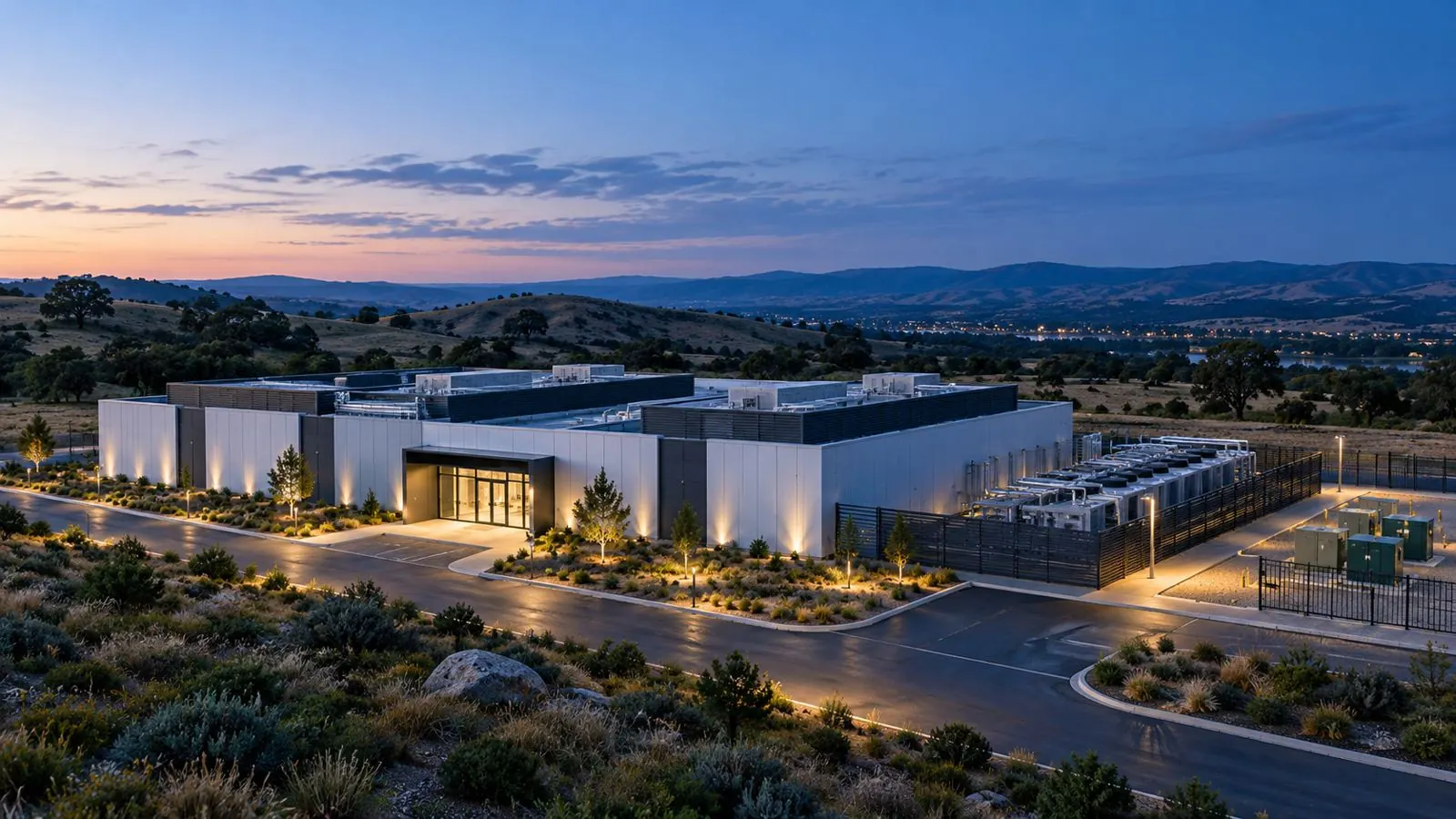Low-rise data center facility in the hills at dusk