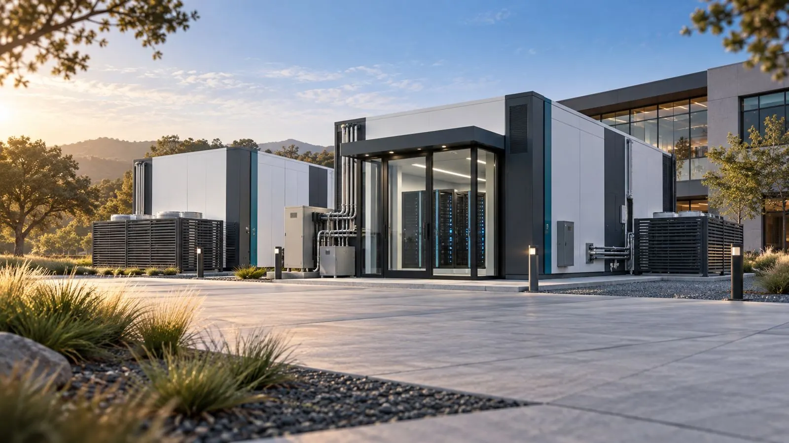 Modular data center unit beside an office building